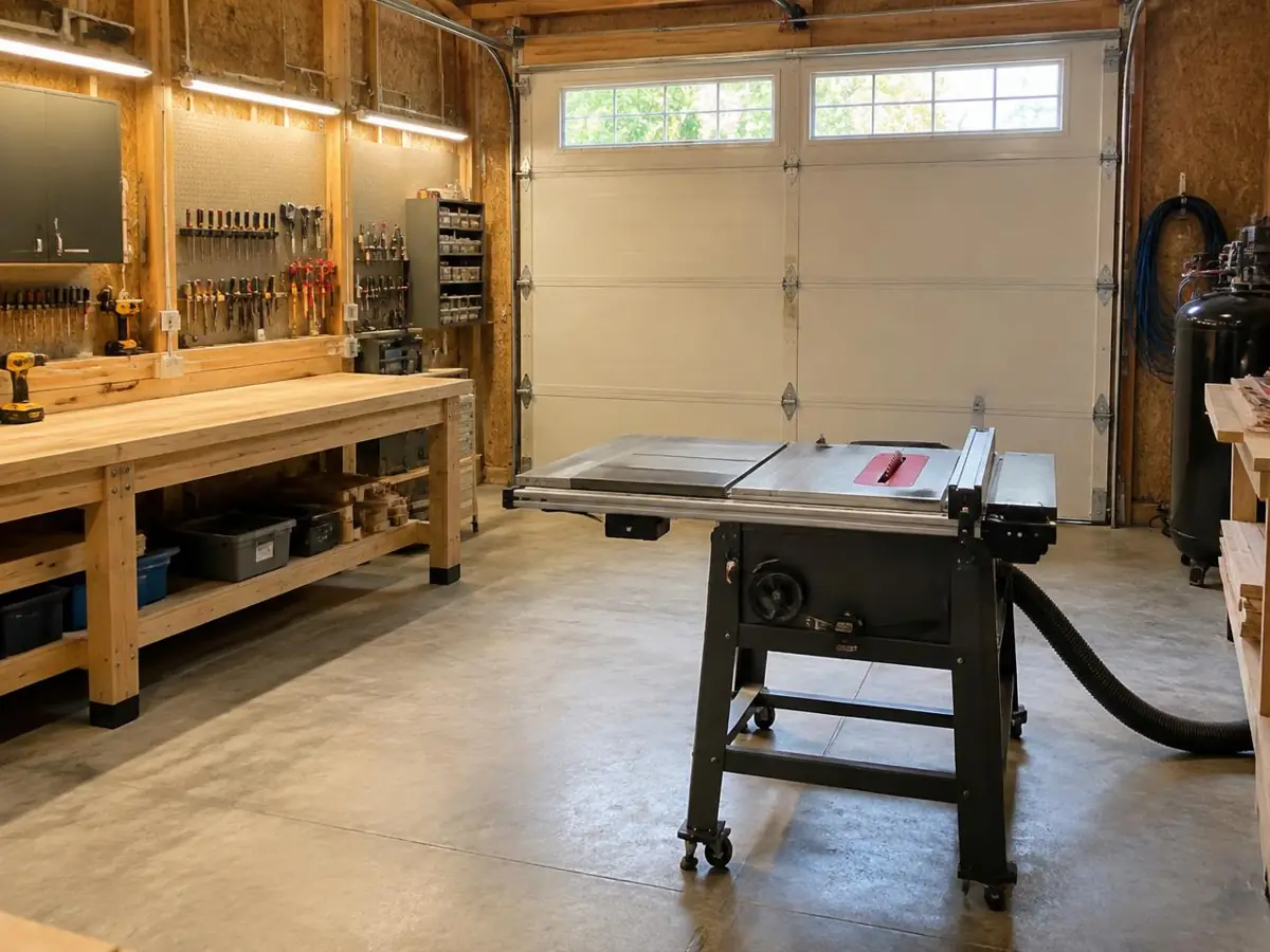 Home garage workshop with workbench, table saw and compressor