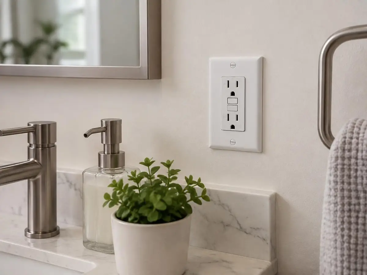 GFCI receptacle installed on a bathroom wall near the vanity