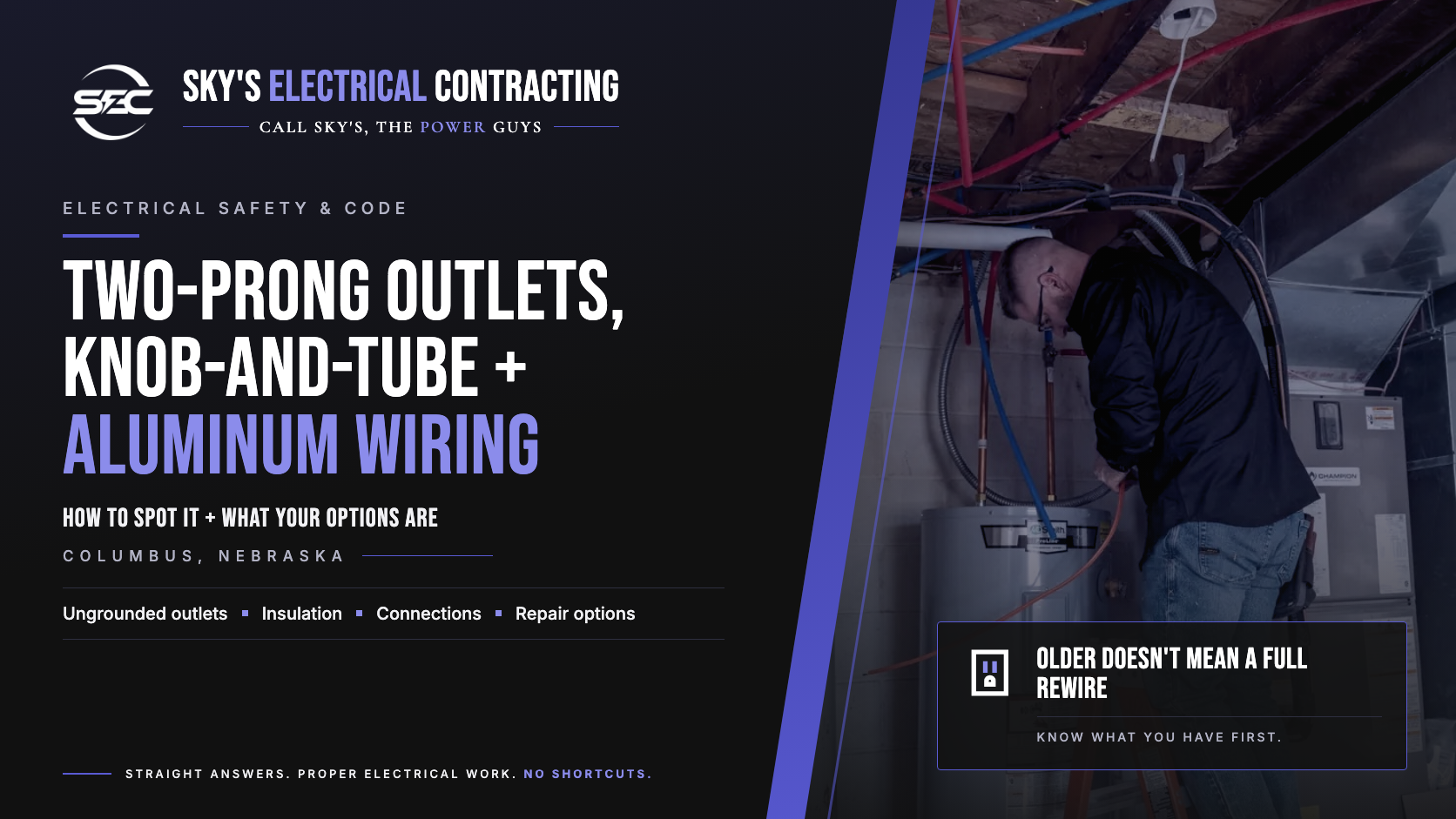 Two-prong outlets, knob-and-tube and aluminum wiring, with Tim Sky running wire through basement joists